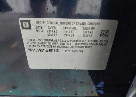 2017 Chevrolet Impala 1Lt from USA, damaged, VIN 2G1105S31H9161315